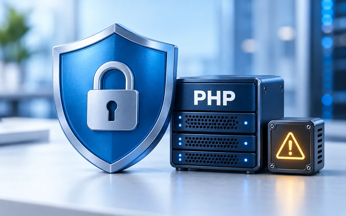 Blue security shield and padlock beside a PHP server and an amber warning symbol